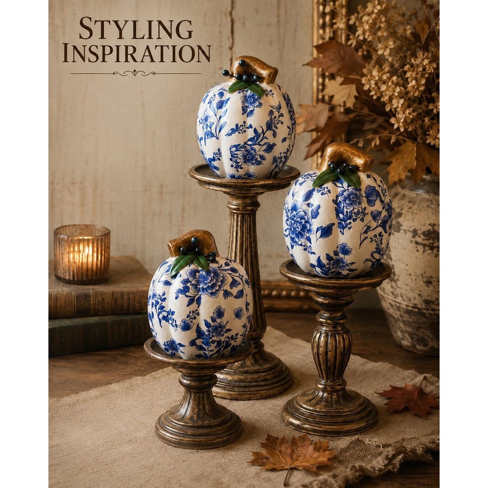 Blue & White Chinoiserie Ceramic Pumpkins Set of 3 Fall Thanksgiving Decor